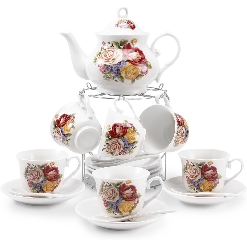 20 PCS Tea Set‎ TeaPot 6 Cups Saucers Rack Coffee Flower Set 7 oz Cups Ceramic